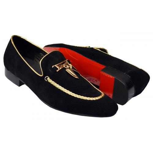 Fiesso Black / Gold Suede Leather Loafers With Gold Tassels / Embroidery FI7157