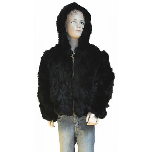 Winter Fur Kid's Black Rex Rabbit Jacket With Hood K08R02BK.
