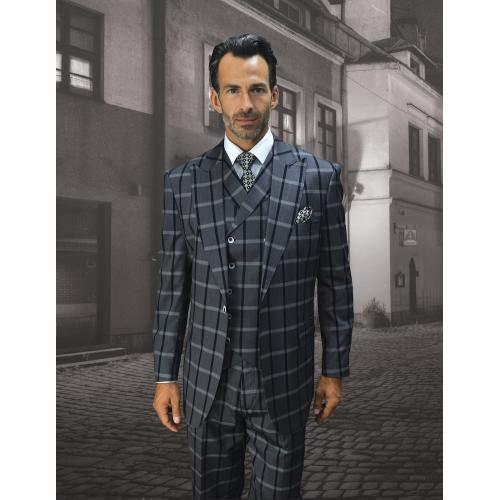 Statement "Pisa" Grey Multi / Black Windowpane Super 150's Wool Vested Wide Leg Suit