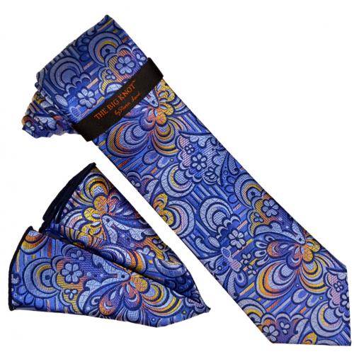 Steven Land "Big Knot" BWR1756 Navy / Blue Multi / Yellow Geometric Silk Necktie / Hanky Set