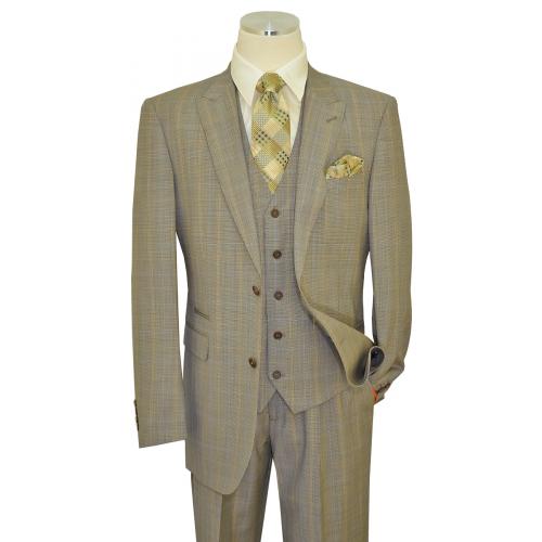 Extrema Cream / Navy / Cognac / Royal Houndstooth Super 150's Wool Vested Wide Leg Suit 28212-2