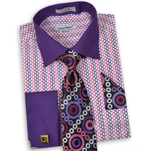 Daniel Ellissa Purple / Pink / White Geometric Design Dress Shirt / Tie / Hanky / Cufflink Set DS3794P2