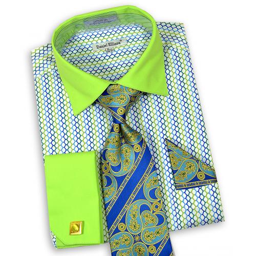 Daniel Ellissa Lime Green / Royal Blue / White Geometric Design Dress Shirt / Tie / Hanky / Cufflink Set DS3794P2