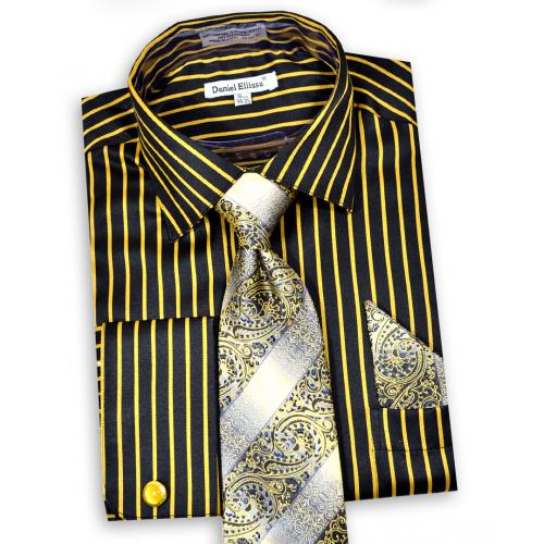 Daniel Ellissa Black / Mustard Gold Vertical Striped Dress Shirt / Tie / Hanky / Cufflink Set DS3793P2