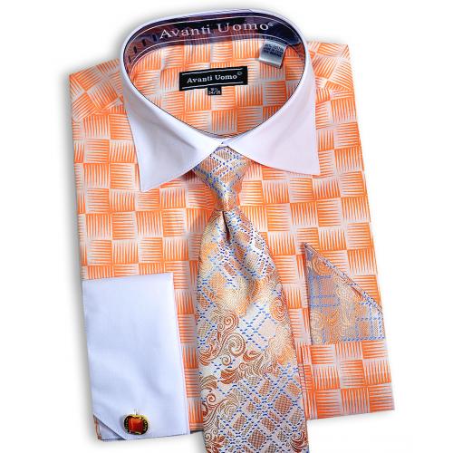 Avanti Uomo White / Peach Geometric Design Shirt / Tie / Hanky / Cufflink Set DN79M