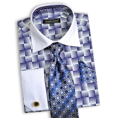 Avanti Uomo White / Navy Blue Geometric Design Shirt / Tie / Hanky / Cufflink Set DN79M
