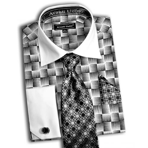 Avanti Uomo White / Black Geometric Design Shirt / Tie / Hanky / Cufflink Set DN79M