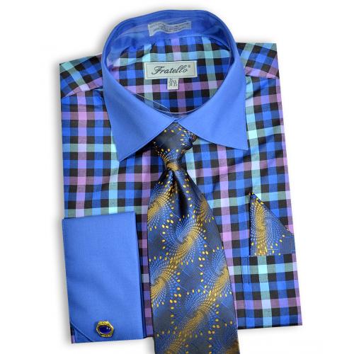 Fratello Royal Blue / Navy / Lilac / Mint Check Pattern Shirt / Tie / Hanky / Cufflink Set FRV4139P2