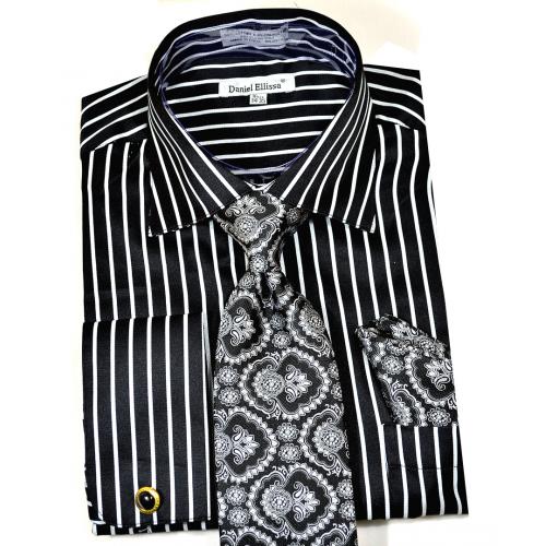 Daniel Ellissa Black / Silver Grey Vertical Striped Dress Shirt / Tie / Hanky / Cufflink Set DS3793P2