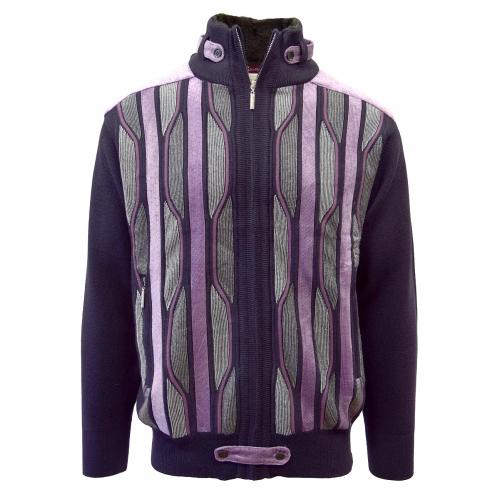 Silversilk Dark Purple / Purple / White Snakeskin Print Zip-Up Faux Fur Collar Sweater 3250