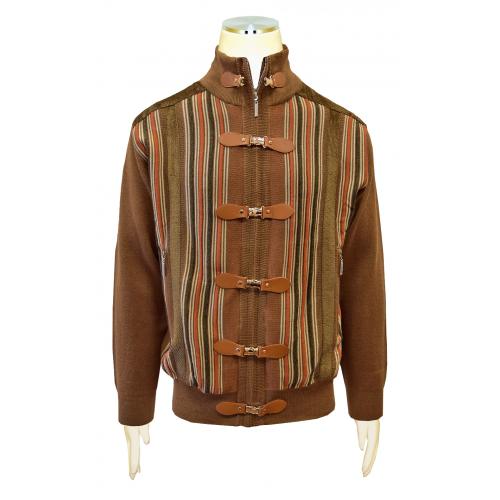 Silversilk Brown / Rust / Cream Zip-Up Sweater With Faux Fur Collar / Buckles 3252