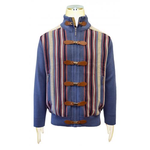 Silversilk Light Blue / Orange / Beige Zip-Up Sweater With Faux Fur Collar / Buckles 3252