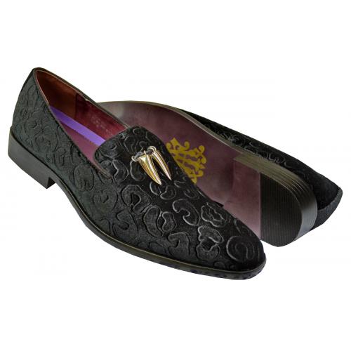 Antonio Cerrelli Black / Silver Embossed Velvet Slip-On Shoes With Metal Tassels 6723