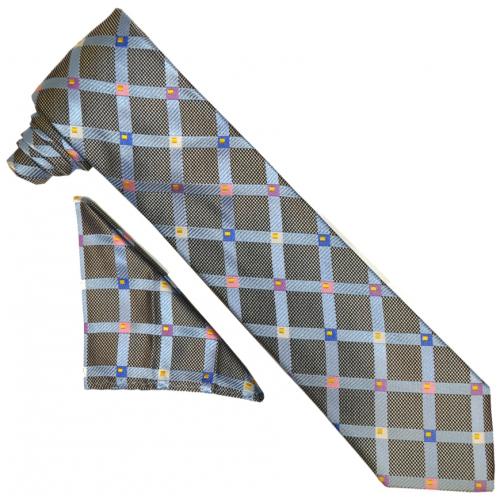 Setazone 3164 Turquoise / Blue Multi / Grey / Orange Windowpane Silk Necktie / Hanky Set
