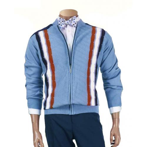 Inserch Light Blue / Navy / Rust / White Zip-Up Sweater With Microsuede Elbow Patches 438