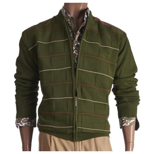 Inserch Green / Brown / Cream / Rust Zip-Up Sweater With Microsuede Elbow Patches 433