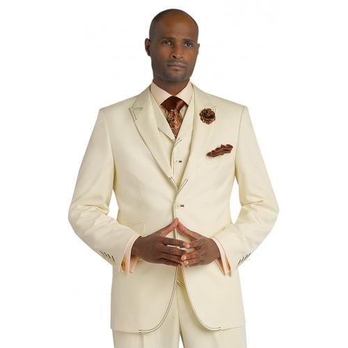 E. J. Samuel Cream With Black Handpick Stitching Super 150's Classic Fit Vested Suit M2688