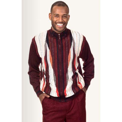 Montique Burgundy / Black / Cream Zip-Up Sweater Outfit With Microsuede Elbow Patches 1708