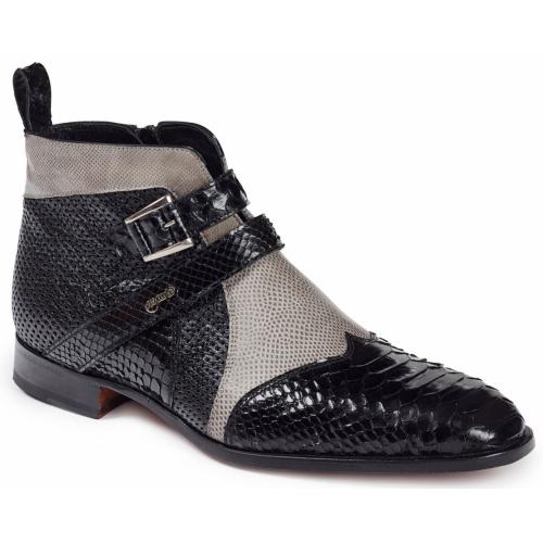 Mauri "Bellini" 4828 Black / Grey / Black Genuine Python / Karung Lizard / Ostrich Perforated Monk Strap Boots.