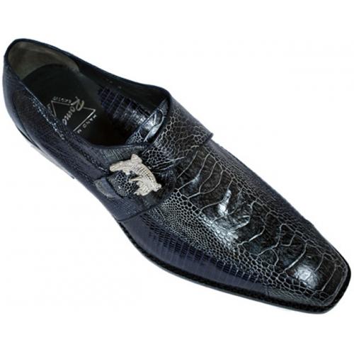 Romano Navy Blue "Lucca" Genuine Ostrich / Lizard Shoes W/Monk Strap Alligator Metal Buckle