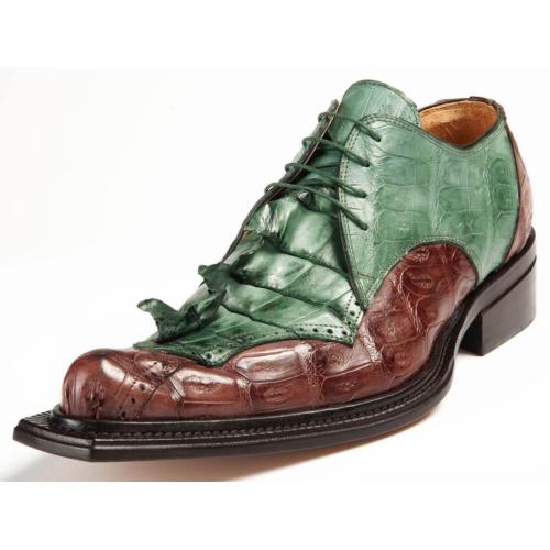 Mauri "Giotto" 44209 Hunter Green / Brown Genuine Hornback Tail / Baby Crocodile Hand Painted Lace-up Shoes.
