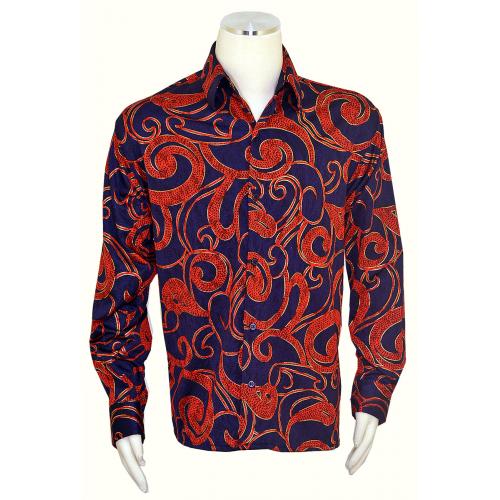 Pronti Navy / Red / Gold Lurex Embroidered Paisley Long Sleeve Shirt S6266