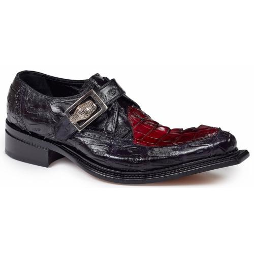 Mauri "Michelangelo" 44225 Black / Burgundy Hand Painted Genuine Baby Crocodile / Hornback Tail Loafter Shoes With Monk Strap