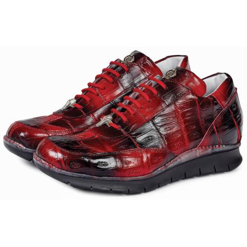 Mauri "Borromini" 8932 Red / Black Genuine Baby Crocodile Hand Painted Sneakers.