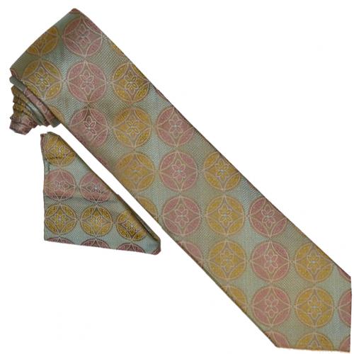 Setazone 3125 Mint Green / Tan / Yellow / Pink Multi Pattern Silk Necktie / Hanky Set
