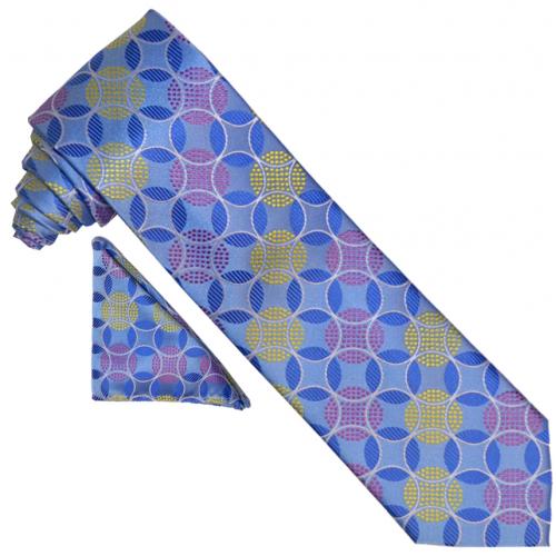 Barcelona 1227 Light Blue / Yellow / Royal / Magenta Geometric Silk Necktie / Hanky Set