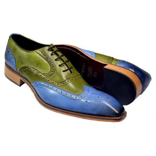 Duca Di Matiste 3000 Olive Green / Blue Hand Painted Italian Leather Wingtip Oxford Shoes