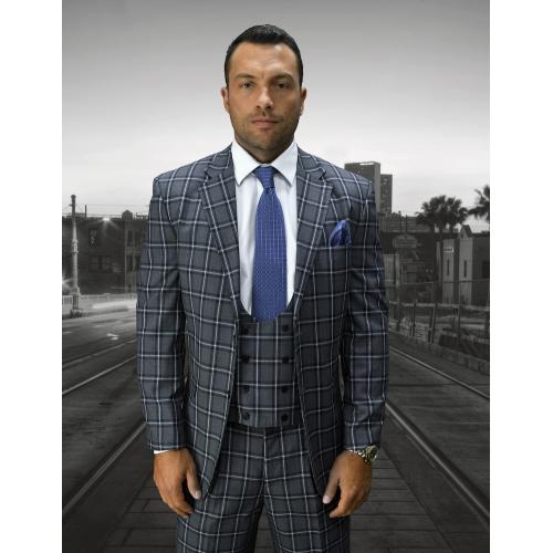 Statement "Ancona" Grey / Black / White / Blue Plaid Super 150's Wool Vested Classic Fit Suit