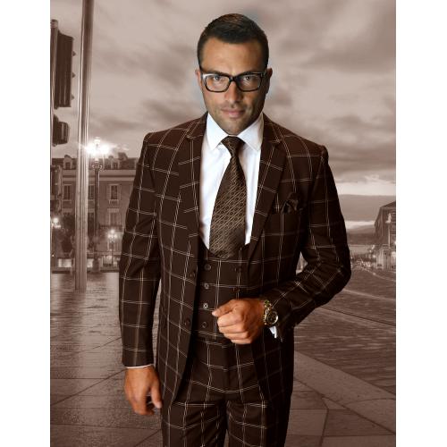 Statement "Azzone" Dark Brown / Peach / White Windowpane Super 150's Wool Vested Modern Fit Suit