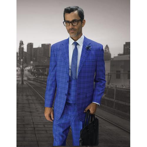 Statement "Ancona" Sapphire Blue / Black Plaid Super 150's Wool Vested Classic Fit Suit