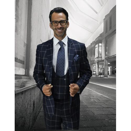 Statement "Azzone" Navy / Peach / White Windowpane Super 150's Wool Vested Modern Fit Suit