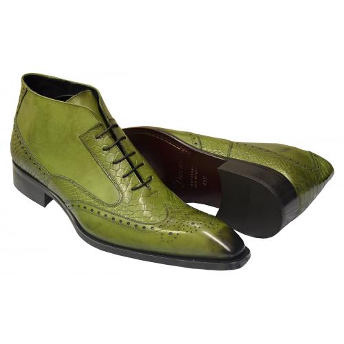 Duca Di Matiste 1102 Olive Green Genuine Italian Calfskin Wingtip Leather Ankle Boots
