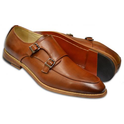Antonio Cerrelli Cognac PU Leather Loafer Shoes With Double Monk Straps 6722