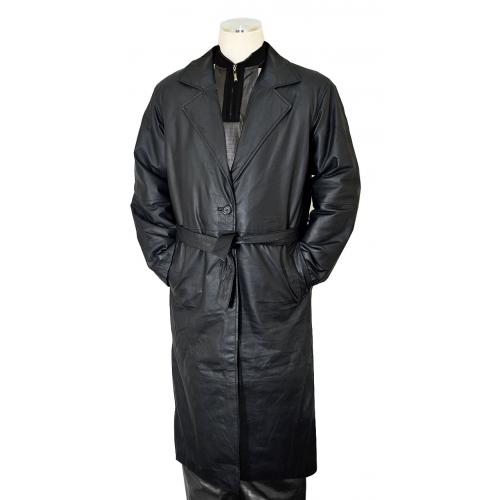 Vintage Black Genuine Calfskin Leather Trench Coat With Zip Out Fur Lining 22389