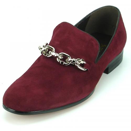 Fiesso Burgundy Genuine Suede Loafer Shoes With Bracelet FI7191.