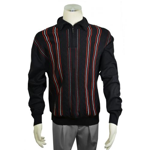 Bagazio Black / Red / White Lined Pattern Half-Zip Sweater BM1796