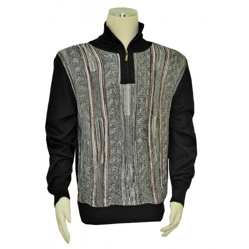 Bagazio Black / Grey / Red Lined Pattern Half-Zip Sweater BM1796