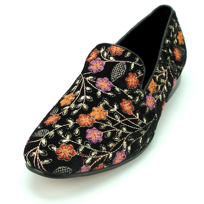 Fiesso Black Genuine Leather Loafer Shoes With Floral Embroidery FI7174 ...