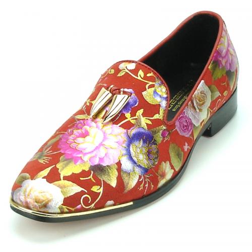 Fiesso Red Genuine Leather Shoes With Floral Design FI7155.