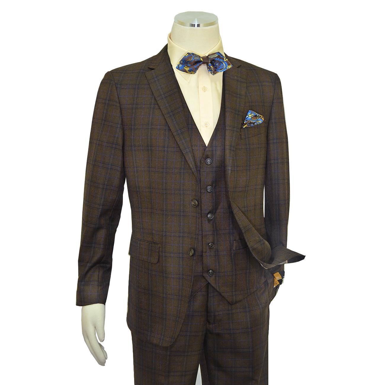 Mens 2 Button Skinny Vested Wool Suit in Brown