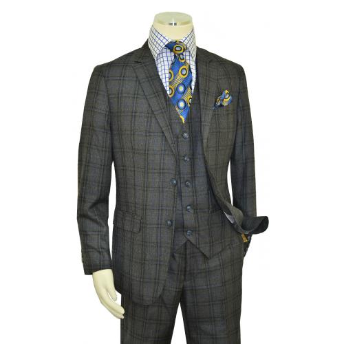 Bertolini Charcoal Grey / Royal Blue Plaid Super 140's Wool / Silk Modern Fit Vested Suit B79488-1