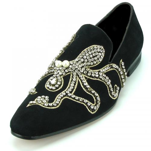 Fiesso Black Genuine Suede Loafer Shoes With Rhinestone FI7194.