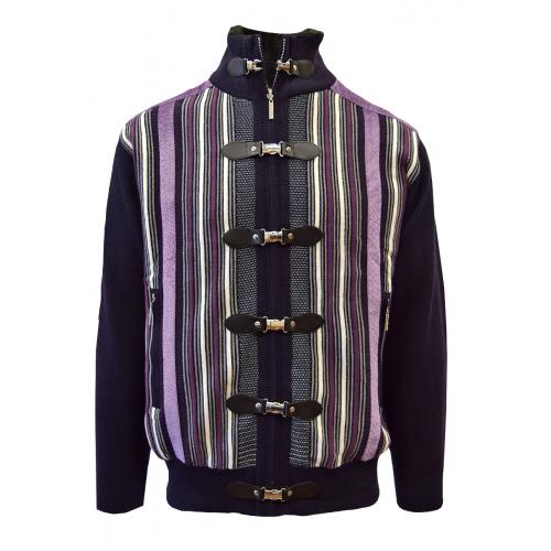 Silversilk Dark Purple / Purple / White Zip-Up Sweater With Faux Fur Collar / Buckles 3252