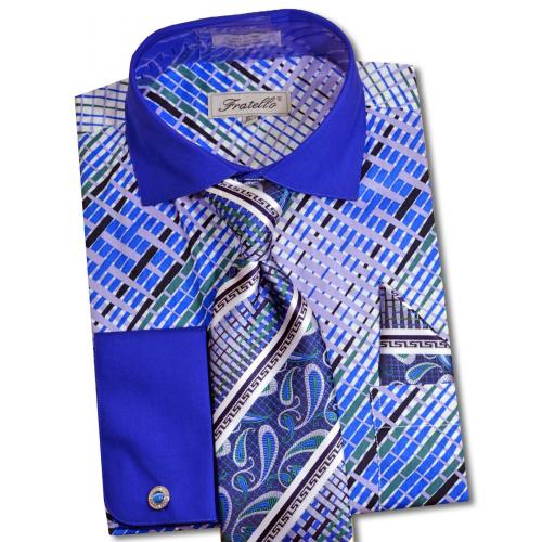 Fratello Royal / Multi Blue / White Abstract Design Dress Shirt / Tie / Hanky / Cufflink Set FRV4134P2