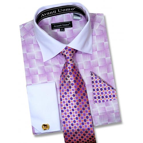 Avanti Uomo White / Lilac Blue Geometric Design Shirt / Tie / Hanky / Cufflink Set DN79M