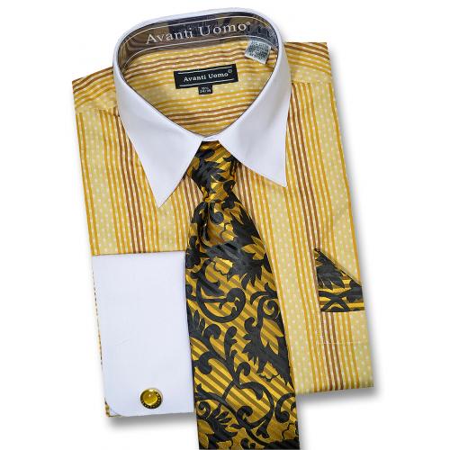 Avanti Uomo Butterscotch / Mustard / Brown / White Dress Shirt / Tie / Hanky / Cufflink Set DN78M